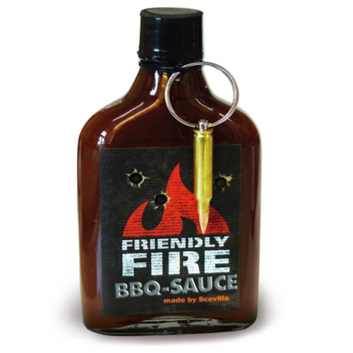 Scovillas FRIENDLY FIRE BBQ Sauce with real bullet